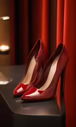 the red heels are sitting on top of a dark surface