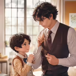 there is a man helping a little boy adjusts his tie