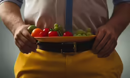 a man in yellow pants with fruits and vegetables in his stomach