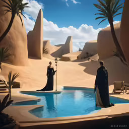 a couple in a desert setting with pool