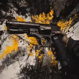 a person is holding up a gun with yellow and black paint