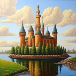an oil painting of a castle by the water,a painting of a castle with trees in the foreground