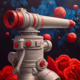 a big telescope on top of a machine in a room full of red and white flowers