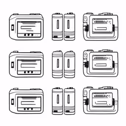 a set of different batteries of various sizes,different types of electronic devices drawn in a black and white line
