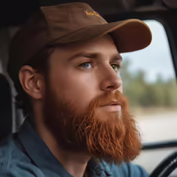 a man with red hair, blue shirt and brown hat on