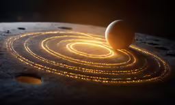 an image of the sun setting over some circles on the surface