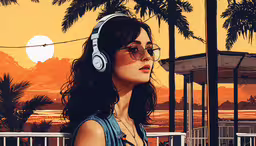 a woman wearing headphones sitting on a balcony overlooking a tropical sunset,a digital painting of a woman wearing headphones