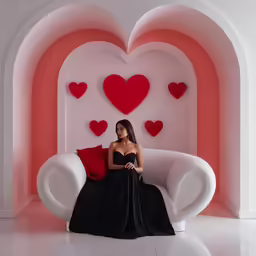 a woman sits on a white sofa in front of a heart - shaped backdrop