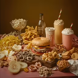 this table has a pink cloth with food and drinks