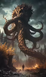a creature with long, twisted tentacles and an unshacked body walking down a trail between two trees