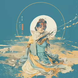 a woman with glasses and a blue dress standing in water