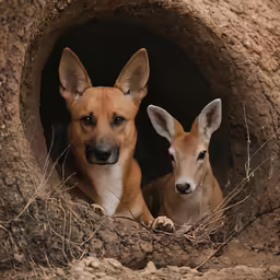 two brown dogs sitting inside of a small hole