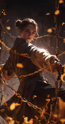 woman in robe and throwing ball with tree in background