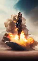 woman in a suit standing on the edge of a rock