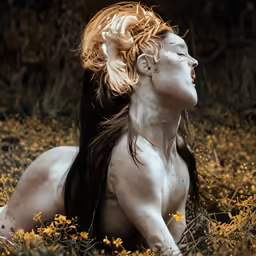 a woman with hair and white paint on her body laying in the grass