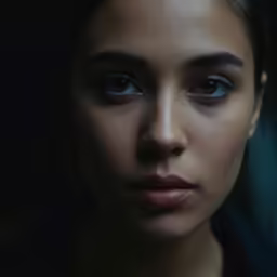 a woman is staring intently with a light reflecting on her face
