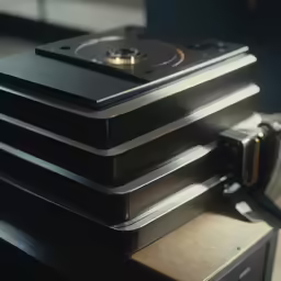 a pile of black audio players are sitting on a shelf