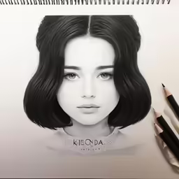 a pencil drawing of a woman with long black hair and bangs