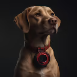 a large brown dog wearing a red collar on a black background