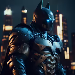a batman statue in the night with the city lights behind it