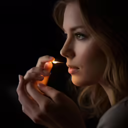 a woman is lighting a cigarette, dark background