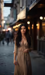 woman standing on the street in front of shops