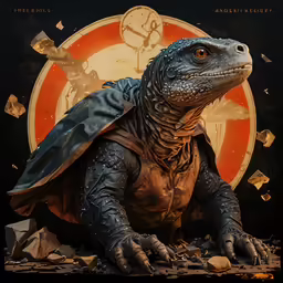 a large turtle standing next to some trash