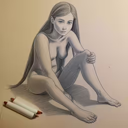 a pencil drawing of a young girl sitting on the floor,a girl drawing something with colored pencils on a white paper
