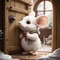 a white mouse standing on top of a wooden floor