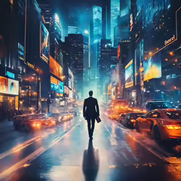 a man is walking down the street in the city