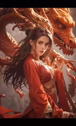 a woman in red clothes holding a weapon