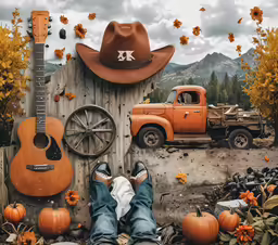 a person wearing jeans and cowboy hat sitting in front of a car surrounded by pumpkins and pumpkin decorations