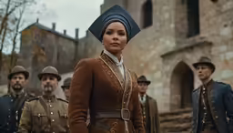 a woman is surrounded by other people in military uniforms