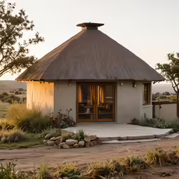 a building with a thatched roof on the back of it