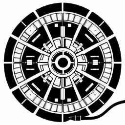 the image depicts an electronic device consisting of four separate components,a black and white drawing of a large circular object,a black and white image of a decorative object,a clock design made with some paper on it,a stylized design shows a spirally arrangement inside an electric wheel