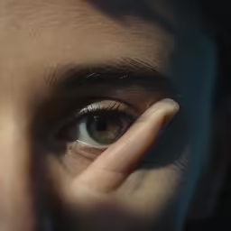 close up of eye with hands on the top