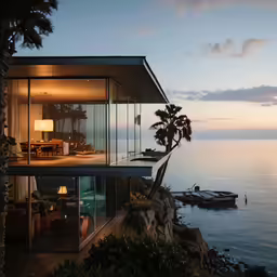 there is an ultra - modern home overlooking the water
