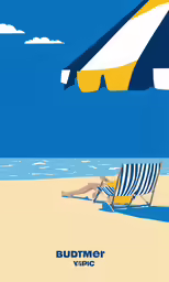 a beach scene with an umbrella and chair