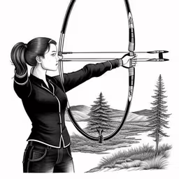 the girl is shooting an arrow in the drawing,woman with a bow holding a large arrow,a black and white drawing of a woman shooting a bow,the woman is aiming in the air with a bow,a woman holding a bow and arrow in her hand