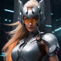 an image of a woman wearing a suit and orange eyes