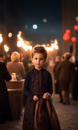 a little girl is standing on a street in a dress