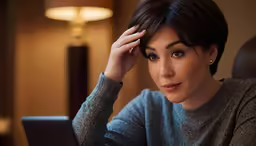 a woman sitting at a laptop looking at the camera