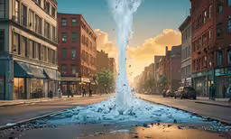 a burst of water is shown from the street level,a street with a very big splash of water in it