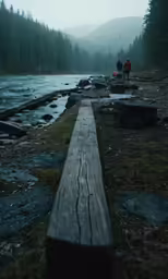 some very pretty logs by a river with mountains in the background
