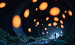 a man stands alone between two long tunnel designs