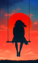 a silhouette photo of a girl on a swing