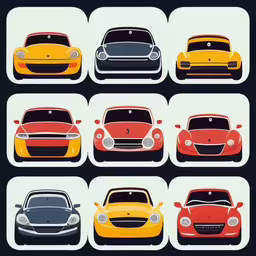 a series of old styled cars of various colors,six different color cars are displayed in this illustration,a group of different types of cars on a display,a poster depicting different cars from the past,a bunch of different types of cars in multiple colors