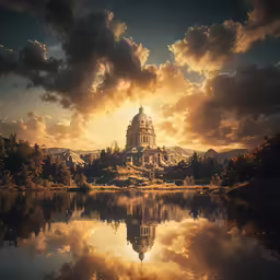 the water is reflecting the tower and clouds