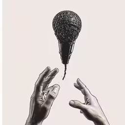 two hands reaching for the top of a black and white object