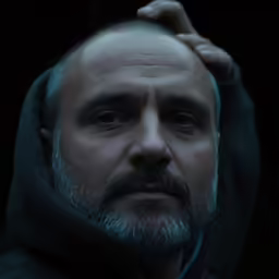 a man wearing a hooded coat and looking off to the side